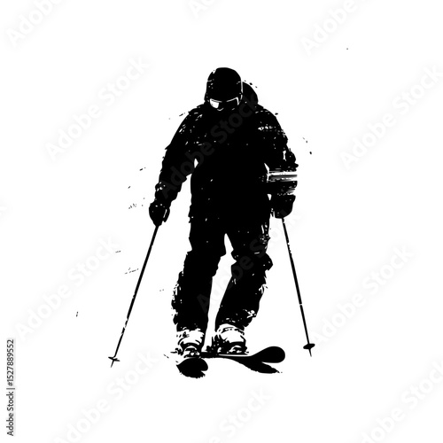 a black silhouette of a person standing on skis in the snow black, man, person, ride, silhouette, ski, skier, slope, snow, stand , Generative art.