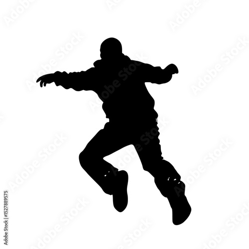 a black and white silhouette of a man jumping on a snowboard black, jump, man, silhouette, skateboard, snowboard, snowboarder , Generative art.