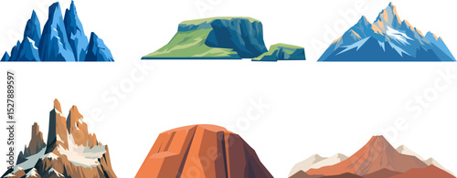 Set of isolated mountains, mountain peaks, hill tops, iceberg, natural landscape. Isolated rocky peak, canyon silhouette. Vector elements for hiking, travel, adventure, tourism, climbing design.