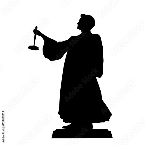 a black and white silhouette of a man in a robe holding an object in his hand black, hand, hold, man, priest, robe, silhouette, stand, statue , Generative art.