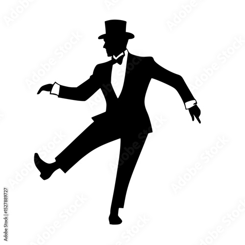 a black silhouette of a man wearing a tuxedo and top hat black, dance, hat, man, run, silhouette, suit, tuxedo, wear , Generative art.