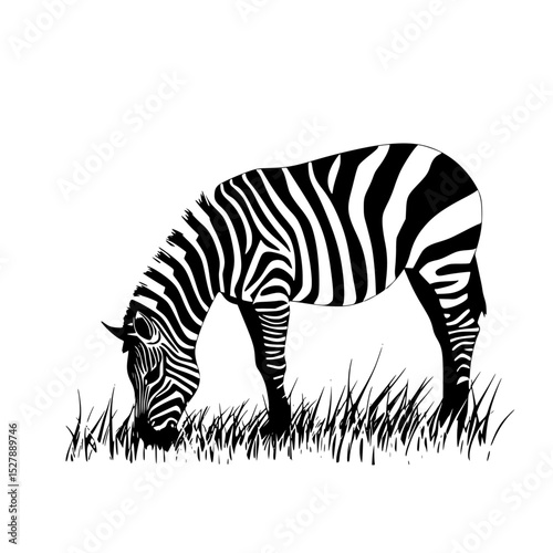 a black and white zebra grazing in a field of grass black, eat, field, grass, graze, stand, zebra , Generative art.