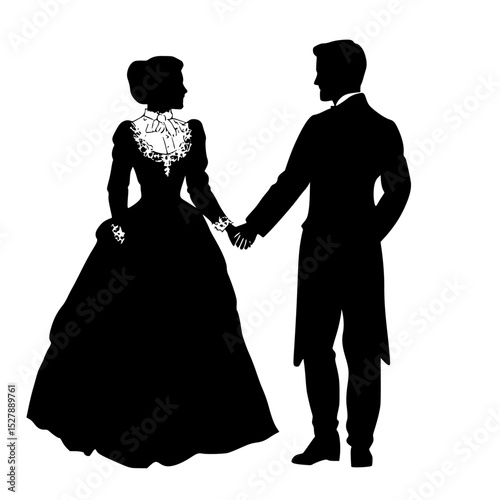 a black and white silhouette of a young man and woman dressed in formal wear holding hands black, bride, couple, dress, groom, hand, hold, man, silhouette, stand, woman, young , Generative art.