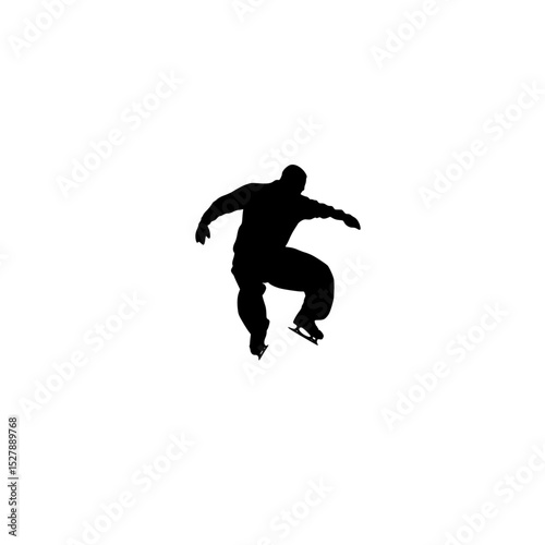 a black and white silhouette of a man riding a snowboard, jumping in the air black, jump, man, person, ride, silhouette, skateboard, skateboarder, snowboard, snowboarder , Generative art.