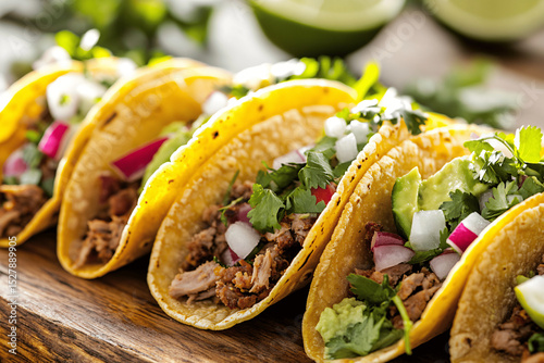 Plated tacos with fresh ingredients and vibrant garnishes, delicious gourmet presentation with natural lighting