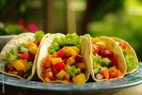 Plated tacos with fresh ingredients and vibrant garnishes, delicious gourmet presentation with natural lighting