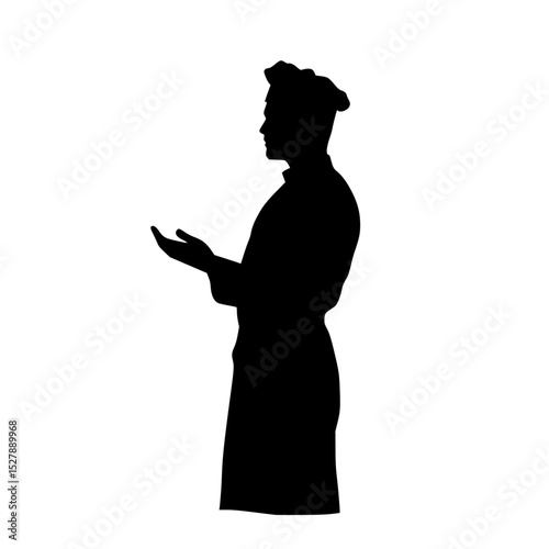 a black silhouette of a man in a robe talking or gesturing with his hands black, chef, coat, hand, man, robe, silhouette, stand, talk , Generative art.