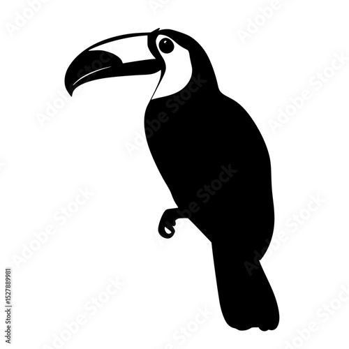 a black and white silhouette of a toucan on a branch beak, bird, black, branch, silhouette , Generative art.
