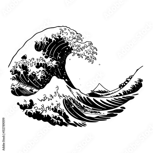 a black and white drawing of a great wave black, drawing, wave , Generative art.