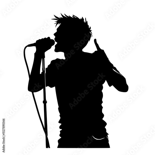 a black silhouette of a man singing into a microphone black, man, microphone, silhouette, singe, singer , Generative art.