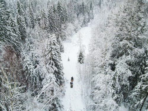 A snowmobile with two people riding along a snow covered path through a dense winter forest, viewed from above