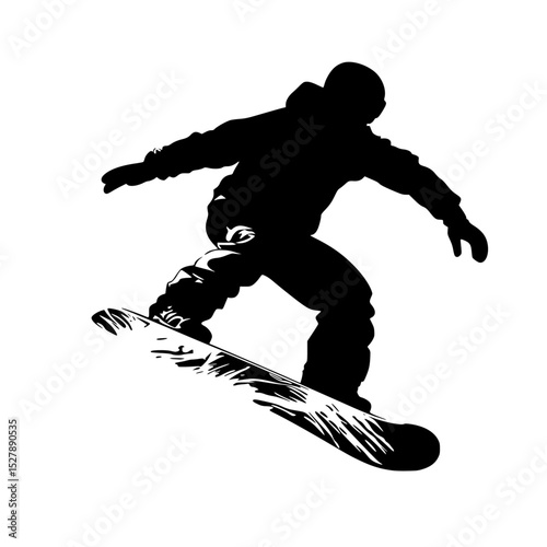 a black and white silhouette of a man riding a snowboard black, jump, man, person, ride, silhouette, snowboard, snowboarder , Generative art.