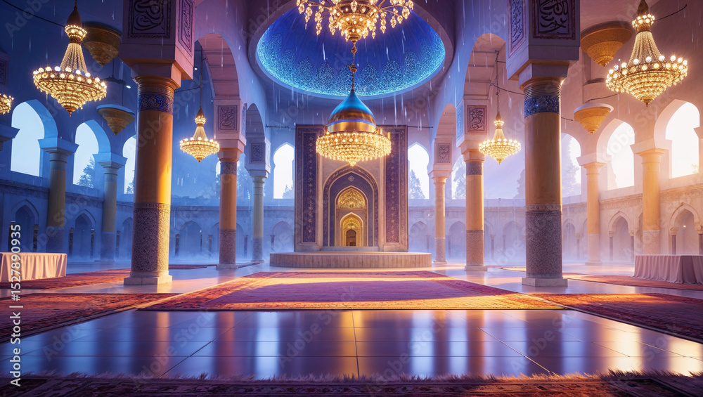 Obraz premium Opulent mosque interior depicting architectural beauty and elegant chandeliers during a misty atmosphere