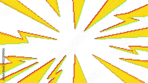 Abstract pixel art yellow ray beams and flash lightening on white background. Manga Sunburst Energy Time Speed Rays Animation. Anime superhero background speed of stripes in pixelated style