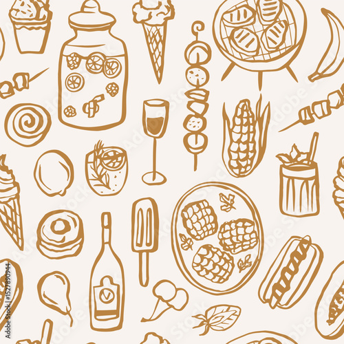 Hand drawn doodle summer food seamless pattern