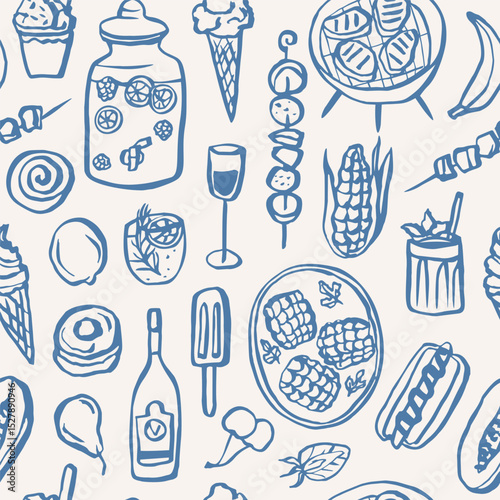Hand drawn doodle summer food seamless pattern