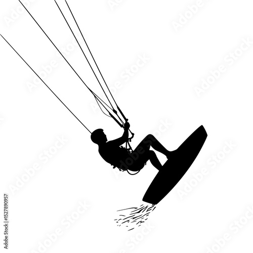 a black and white silhouette of a person parasailing on a board in the water black, board, man, parachute, person, rope, silhouette, water , Generative art.