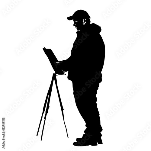 a black silhouette of a man standing with a laptop on a tripod black, laptop, man, person, silhouette, stand, tripod , Generative art.
