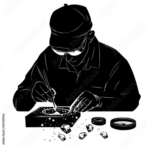 a black and white illustration of a man cutting food art, black, cut, food, illustration, man, person, write , Generative art.