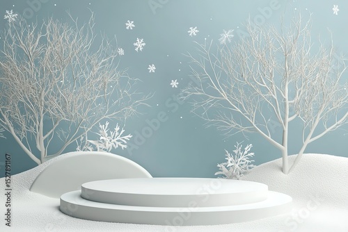 Winter wonderland product display platform with snowy trees photo