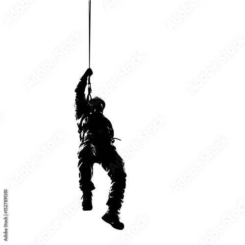 a black and white silhouette of a soldier holding onto a rope black, hang, hold, man, person, rope, silhouette, soldier , Generative art.