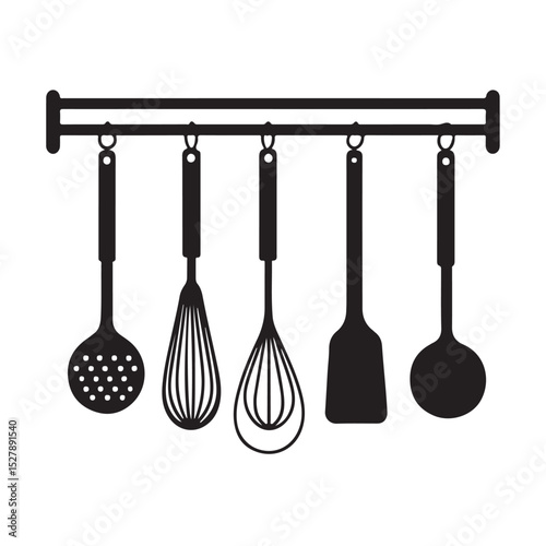 Collection of various kitchen utensils and cookware in black silhouette, Hanging Kitchen Utensils Silhouette, Rack with Cooking Tools, Cutlery set silhouette,Kitchen silhouette set, 