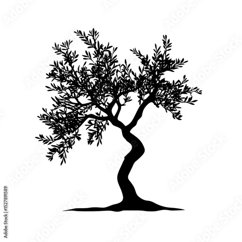 a black and white silhouette of an olive tree black, olive tree, silhouette, tree , Generative art.