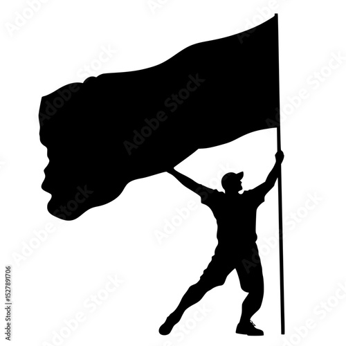 a black silhouette of a man holding a flag black, flag, hold, man, silhouette, wave , Generative art.