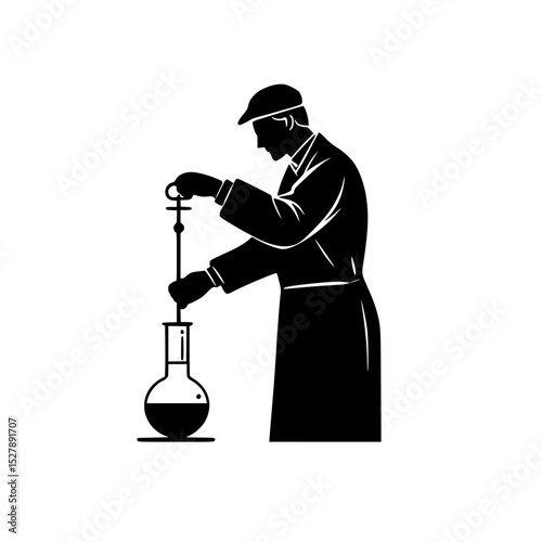 a black silhouette of a man in a lab coat pouring liquid into a flask black, liquid, man, pour, scientist, silhouette , Generative art.