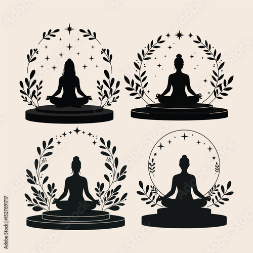 Yoga Meditation Woman Silhouette Vector Boho Mindfulness Sitting Pose Design .