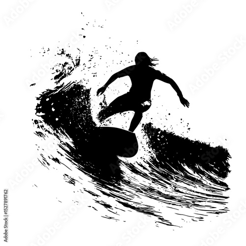 a black and white silhouette of a surfer riding a wave on a surfboard black, board, man, ride, silhouette, surf, surfboard, surfer, wave , Generative art.