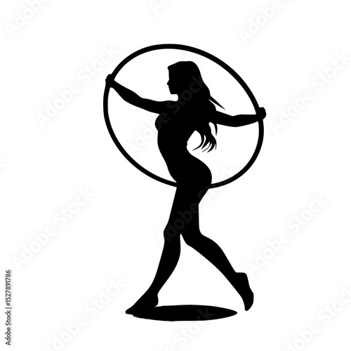 a black silhouette of a woman holding a hula hoop black, girl, silhouette, woman , Generative art.