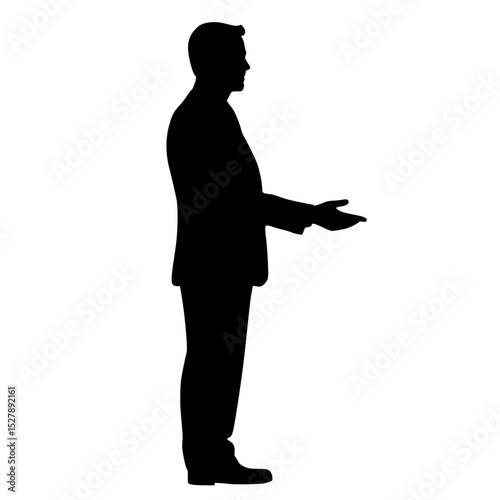 a black and white silhouette of a businessman in a suit standing with his arms outstretched arm, black, businessman, hand, man, palm, silhouette, stand, suit, talk , Generative art.