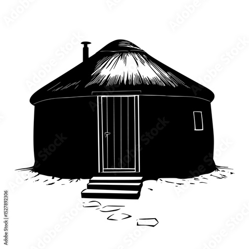 a black and white drawing of a hut black, building, drawing, house, hut, illustration , Generative art.