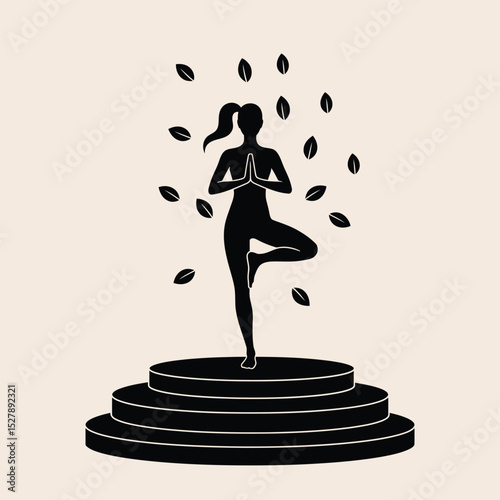 Yoga Woman Silhouette in Tree Pose on Podium with Leaves Vector Illustration .