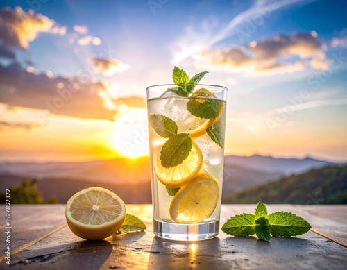 Kieliszek lemoniady z cytryną i miętą na tle nieba photo