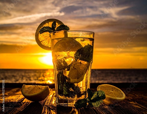 Kieliszek lemoniady z cytryną i miętą na tle nieba photo
