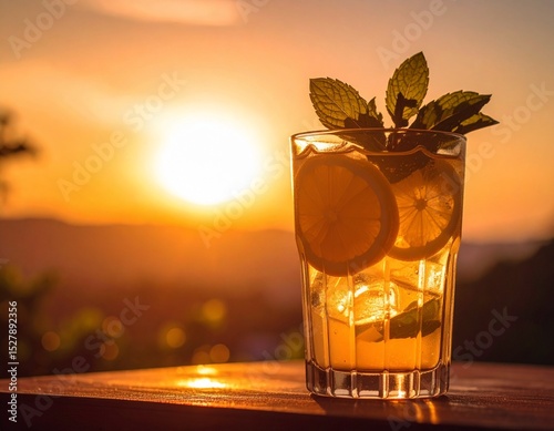 Kieliszek lemoniady z cytryną i miętą na tle nieba photo