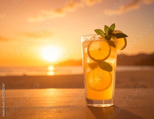 Kieliszek lemoniady z cytryną i miętą na tle nieba photo