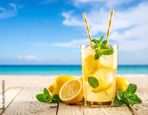 Kieliszek lemoniady z cytryną i miętą na tle nieba photo