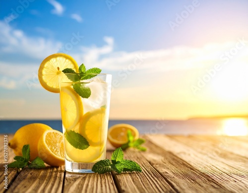Kieliszek lemoniady z cytryną i miętą na tle nieba photo