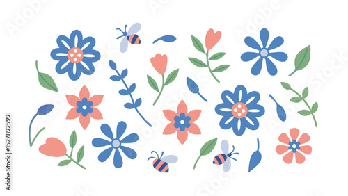 Illustration of flowers with blue and pink petals, green leaves and bees flying around on a white background