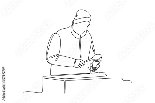 Continuous one line drawing of food court vendors are preparing food. Food corner minimalist concept. Food and drink.