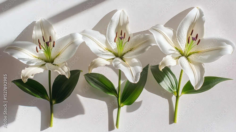 Fototapeta premium Trio of lilies aligned vertically on a seamless white surface with shadows