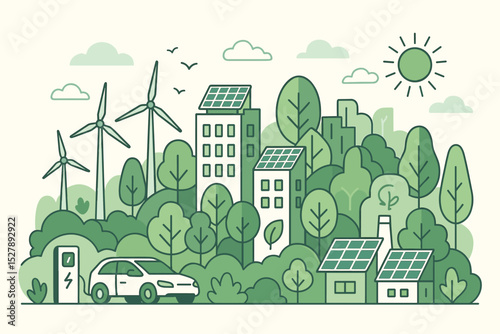 Sustainable city concept with green energy. Eco-friendly urban landscape with wind turbines, solar panels, and an electric car at a charging station. Renewable future cityscape.