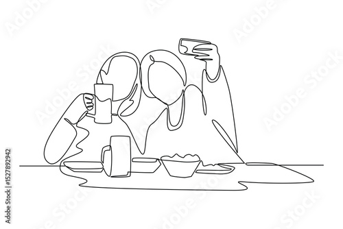 Continuous one line drawing of people buy and selfie food court food. Food corner minimalist concept. Food and drink.