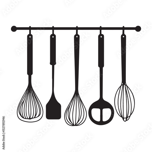 Collection of various kitchen utensils and cookware in black silhouette, Hanging Kitchen Utensils Silhouette, Rack with Cooking Tools, Cutlery set silhouette,Kitchen silhouette set, 