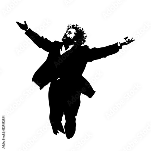a black and white silhouette of a man dressed in a suit and coat with his arms outstretched arm, black, coat, dance, dress, hand, man, robe, silhouette, suit , Generative art.