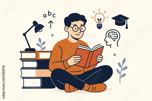 Education and continuous learning concept. Young man student reading a book for knowledge and personal growth. Skill development, self improvement vector with idea and graduation icon.