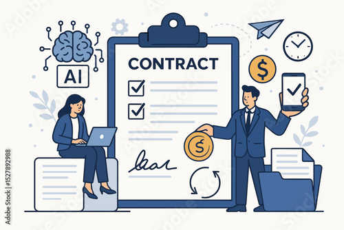 Digital contract management with AI technology. Smart contract and electronic signature concept. Business people making a financial deal, agreement, or partnership. E-sign process.